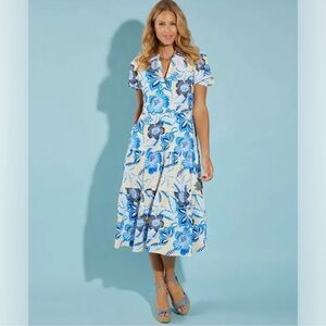 Jude Connally Libby Midi Dress Blue Floral Puff Sleeve Flounce Skirt Stretch L